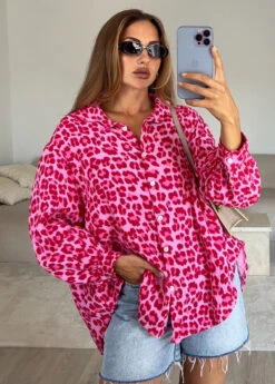 Musselin Bluse Mit Leomuster -NAHA Damenmode Musselin Bluse Leo Pink Front