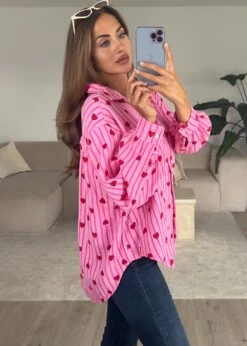 Musselin Bluse Mit Herzen -NAHA Damenmode baumwollbluse pink herzprint naha seite