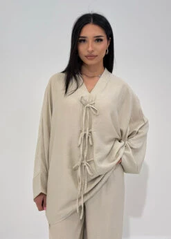 Zweiteiler Mit Schleifen 9 Zweiteiler Mit Schleifen -NAHA Damenmode set mit schleifen beige